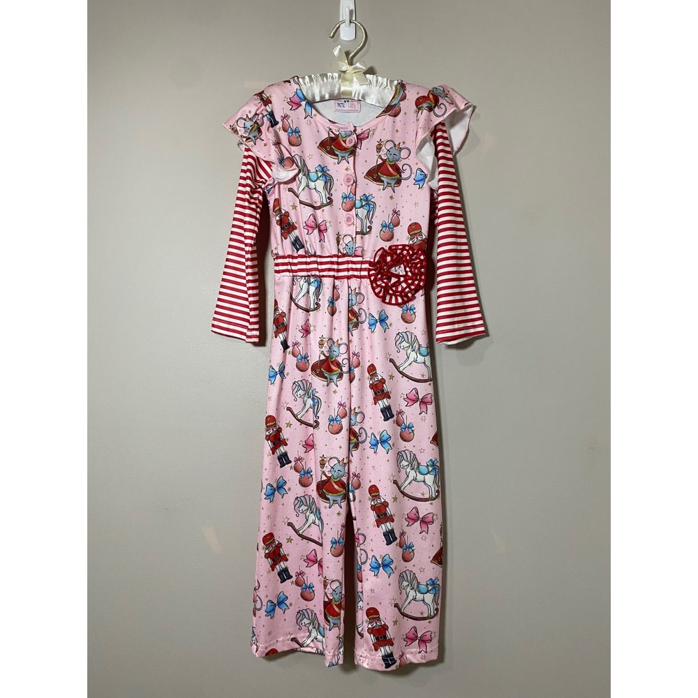 Pete & Lucy Girls 4T Pink Nutcracker Christmas Long Sleeve Jumpsuit Ruffle Bow